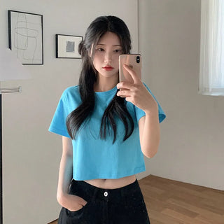 Semi-Crop Plain T-Shirt Layered T-Shirt