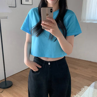 Semi-Crop Plain T-Shirt Layered T-Shirt