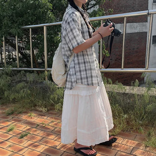 [2 colors] Big size oversized check short-sleeved shirt summer outerwear