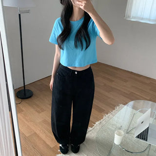 Semi-Crop Plain T-Shirt Layered T-Shirt