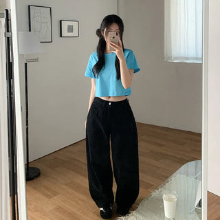 Semi-Crop Plain T-Shirt Layered T-Shirt