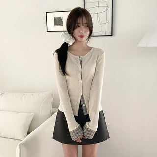 Checked layered round neck long sleeve cardigan