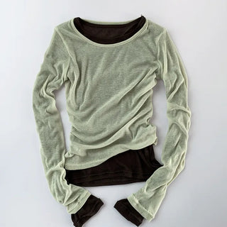 Sheer Round Neck Layered Long-Sleeve T-Shirt