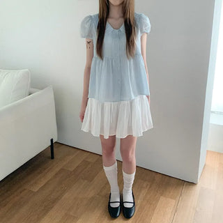 [3 colors] Polka Dot Babydoll Round Collar Puff Sleeve Short Sleeve Blouse