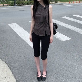 [2 colors] Tie Ribbon Check Camisole Shirring Summer Blouse