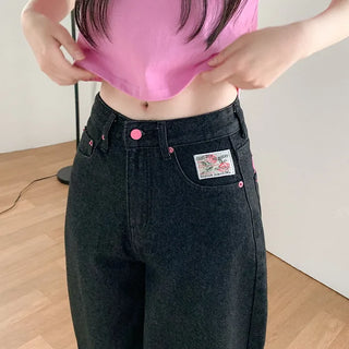 Non-washed denim wide-leg pants with embroidered patch