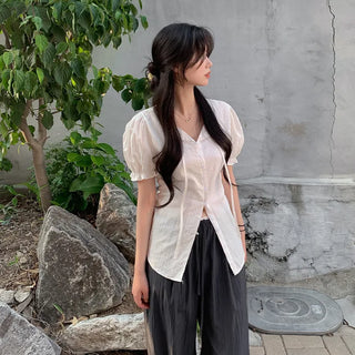 [2 colors] Shirred Frill Puff Sleeve Blouse