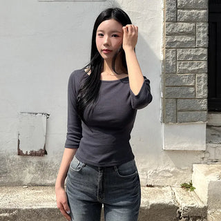 Boat neck 7/8 sleeve slim fit T-shirt