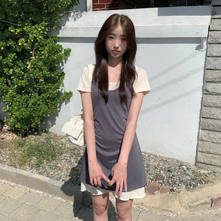 [Set] Layered Camisole & Off-Shoulder T-Shirt Dress Set