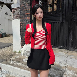 (Set) Striped camisole & long-sleeved cardigan set
