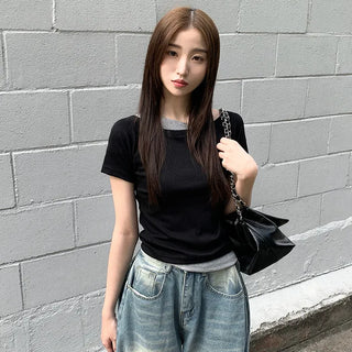 One-off shoulder layered T-shirt