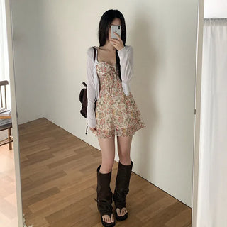 Ribbon floral print camisole bustier A-line mini summer dress