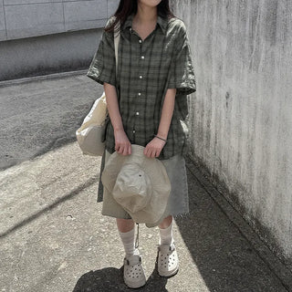 [2 colors] Big size oversized check short-sleeved shirt summer outerwear