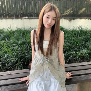 [3 colors] Checkered bustier set blouse plus size summer dress