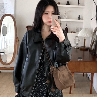 Collared faux leather oversized blouson