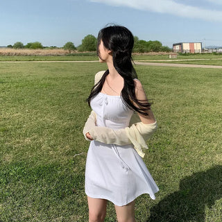 Square neck flared ribbon mini camisole dress
