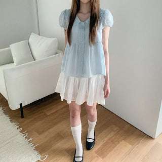 [3 colors] Polka Dot Babydoll Round Collar Puff Sleeve Short Sleeve Blouse