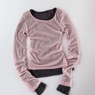 Sheer Round Neck Layered Long-Sleeve T-Shirt