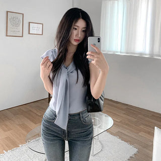 Tie-cap sleeve silky blouse