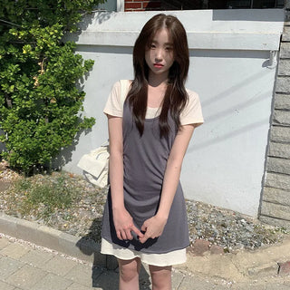 [Set] Layered Camisole & Off-Shoulder T-Shirt Dress Set