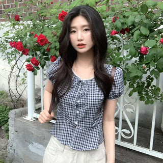 Checkered lace trim puff sleeve peplum summer blouse