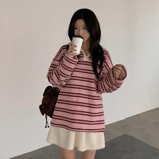 Fleece-lined striped oversized color T-shirt