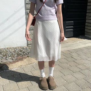 (2 colors) Polka Dot A-line Blouse and Polka Dot Skirt