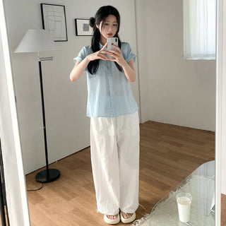 Non-sticky, cool-feeling summer short-sleeved roll-up shirt/blouse