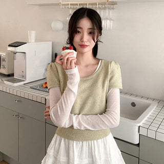 Round neck layered short-sleeved knit
