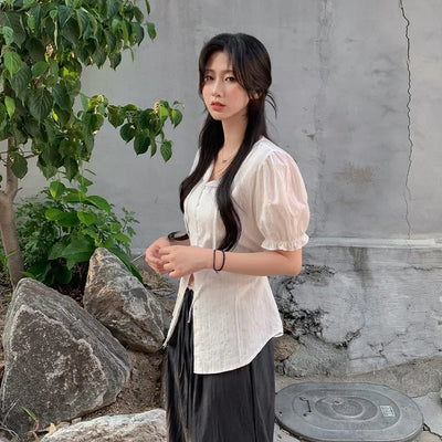 [2 colors] Shirred Frill Puff Sleeve Blouse