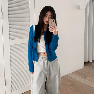 Layered-style round-neck knit cardigan