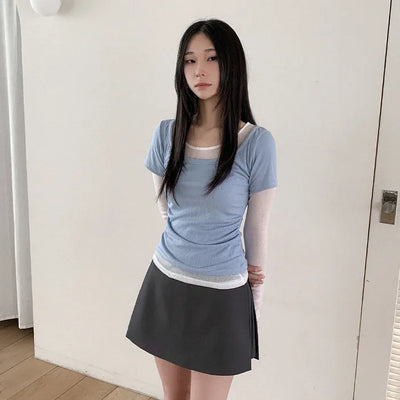 Round neck side shirring slim short-sleeve T-shirt