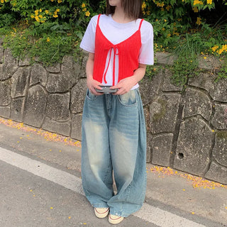 (Can be worn as a two-piece set) Knit bustier ribbon camisole