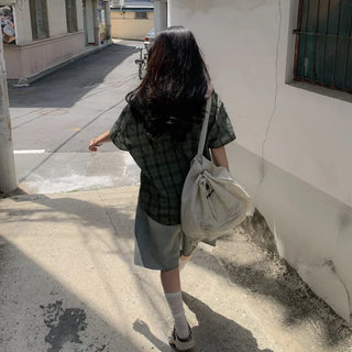 [2 colors] Big size oversized check short-sleeved shirt summer outerwear
