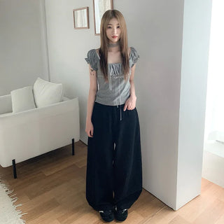 [3 colors] Polka Dot Lace Shirred Puff Sleeve Short Sleeve Slim T-Shirt