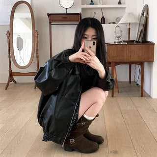 Collared faux leather oversized blouson
