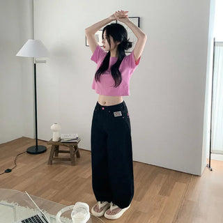 Non-washed denim wide-leg pants with embroidered patch