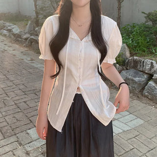 [2 colors] Shirred Frill Puff Sleeve Blouse