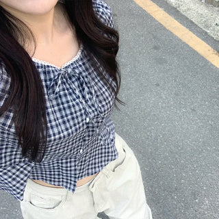 Checkered lace trim puff sleeve peplum summer blouse