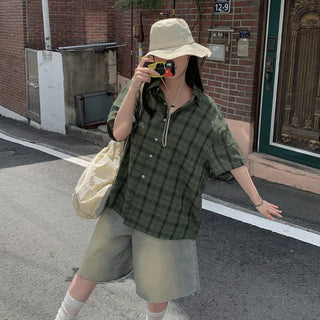 [2 colors] Big size oversized check short-sleeved shirt summer outerwear
