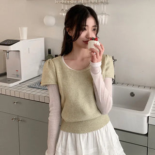 Round neck layered short-sleeved knit