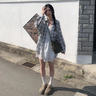 Large size check shirt