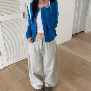Layered-style round-neck knit cardigan