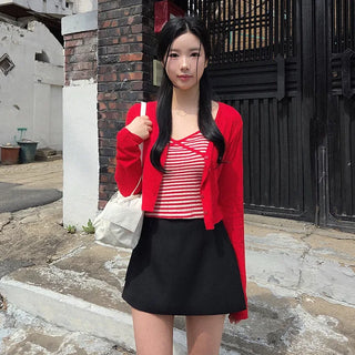 (Set) Striped camisole & long-sleeved cardigan set
