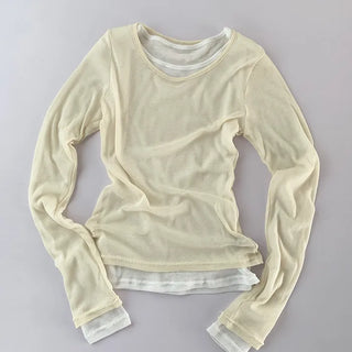 Sheer Round Neck Layered Long-Sleeve T-Shirt
