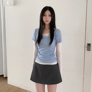 Round neck side shirring slim short-sleeve T-shirt