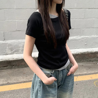 One-off shoulder layered T-shirt