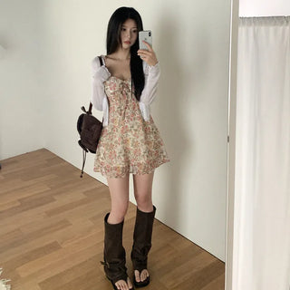 Ribbon floral print camisole bustier A-line mini summer dress