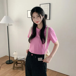 Semi-Crop Plain T-Shirt Layered T-Shirt
