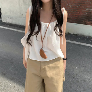 Layered oversized strap sleeveless shirred blouse